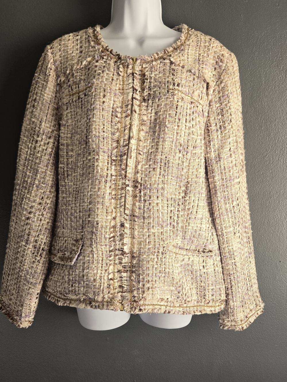 Chicos 2 Classic Sophisticated Metallic Theola Tweed Preppy Cream Jacket Large